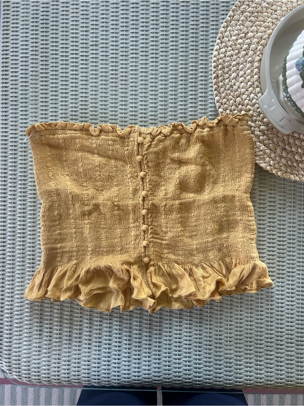 American Eagle Outfitters Mustard Smocked Ruffle Tube Top